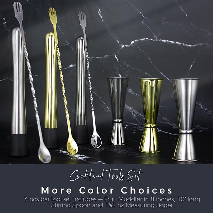 Muddler for Cocktails, 10 Inches Bar Spoon, 1 oz 2 oz Double Jigger- Premium 3 Piece Silver Mixing Tools Set for Drinks