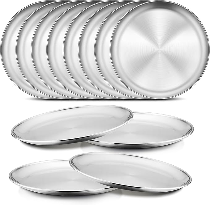 Onader 12-Piece Stainless Steel Plates, 7.8 Inch 304(18/8) Metal Dinner Camping Plates for Kids Toddlers, Round Dishes for Serving, Dishwasher Safe