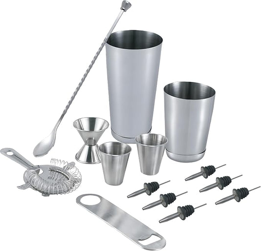 Bartender Kit - Stainless Steel Barware Set, Ideal for Home or Party - Includes Shaker, Jigger, Spoon, Muddler, Pourers, Shot Glasses, Strainer and Bottle Opener (14)