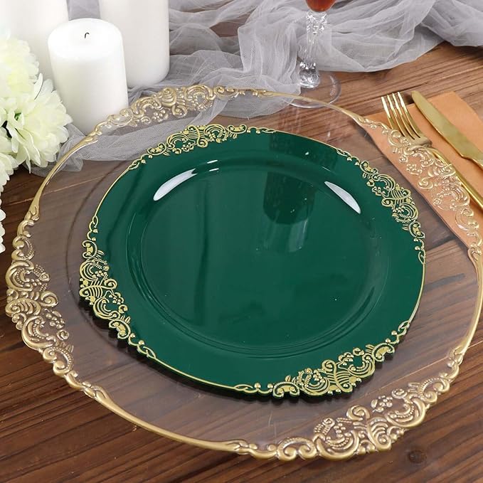 10" Dinner Plates -Set of 30 - Plastic Hunter Green Round Baroque Disposable Chargers Leaf Embossed Rim, Ideal for Dinner Party Wedding Bulk Events