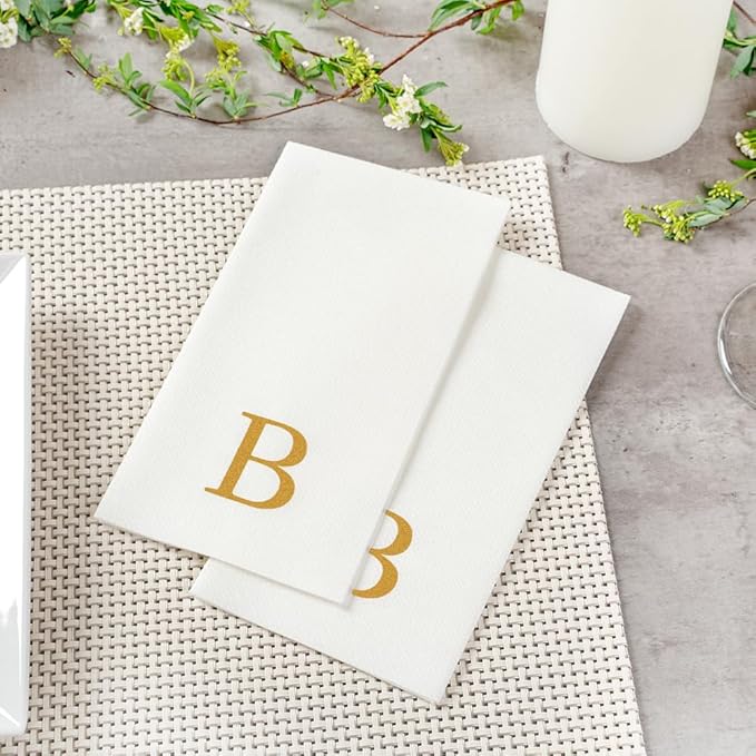 Luxenap 15.8 X 7.9 Inch Linen-Feel Guest Towels, 50 Lettered Hand Towels - Gold Letter 'B', Sans Serif Font, White Paper Dinner Napkins, airlaid, For Restrooms And Tables - Restaurantware