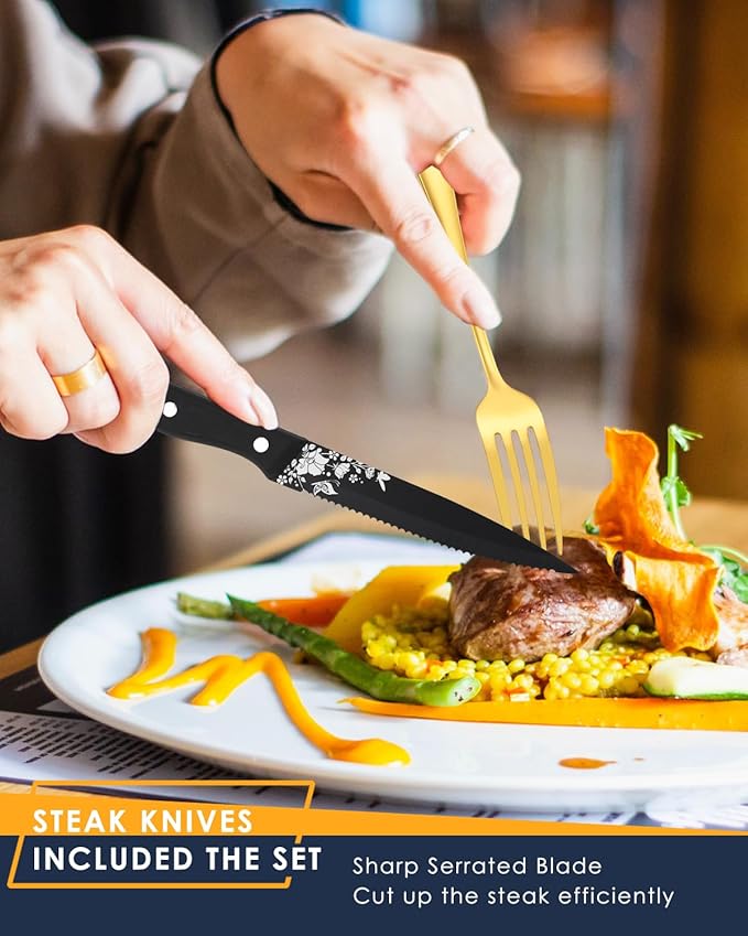 Stapava 77-Piece Gold Silverware Set for 12, Plus Steak Knife & Serving Set, Stainless Steel Flatware Cutlery Set, Mirror Eating Utensils Tableware with Butterfly Flower Laser, Dishwasher Safe