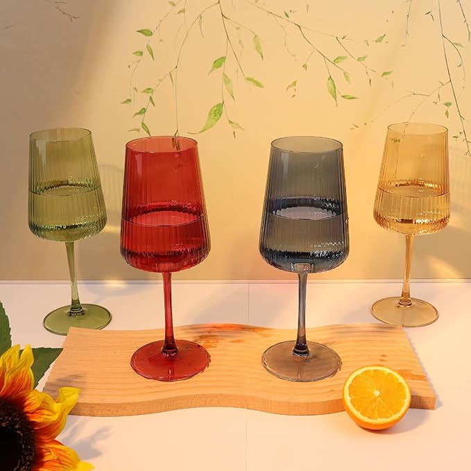 Hand Blown Ribbed Wine Glasses with stem, Lead-Free Crystal Glasses, Luxury Gift, Set of 4, Unique, 18oz Premium Wine Goblet, Large capacity, Fluted Design (Winter Colored)