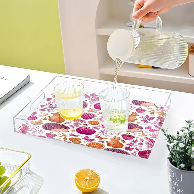 Serving Tray with Handles Clear Acrylic Tray 12x16 Inch Decorative Rectangular Tray Organizer for Ottoman Coffee Table Bathroom Hedgehogs Squirrel Mushroom Pink