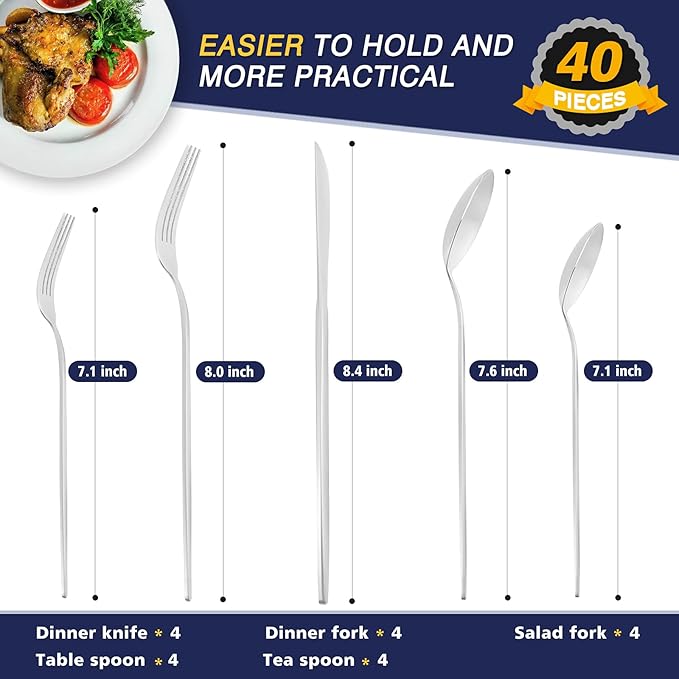 40 Pieces Silverware Set，Matte Stainless Steel Flatware Cutlery Set Service for 8, Stain Finish Kitchen Utensil Set，Include Dinner Knives Forks and Spoons Silverware, Dishwasher Safe