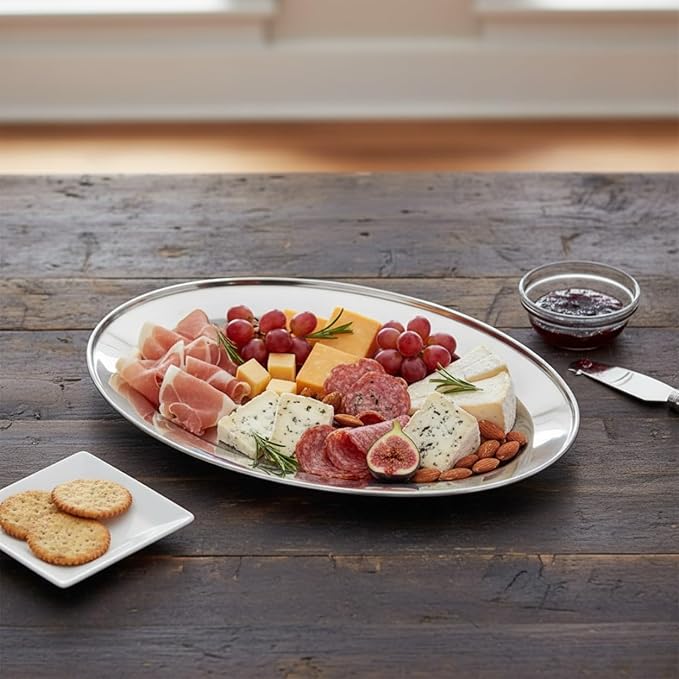 Set of 2 Stainless Steel 14” Oval Platter- Serving Platters for Appetizer Snack Fruit Cup Cake Server Tray Display Serving Dishes for Entertaining