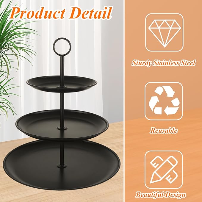 2 Pack Black Cupcake Stands, Large Stainless Steel 3 Tier Serving Tray, Tiered Dessert Stand Cup Cake Tower for Party, Birthday, Wedding
