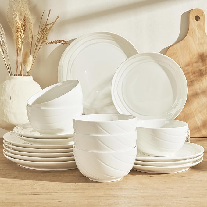 Sweese Porcelain Dinnerware Sets for 6, 18 Pieces Ceramic Plates and Bowls Sets, Handcrafted Minimalist Dinner Set, Chip and Scratch Resistant Dish Set, Dishwasher & Microwave Safe, White