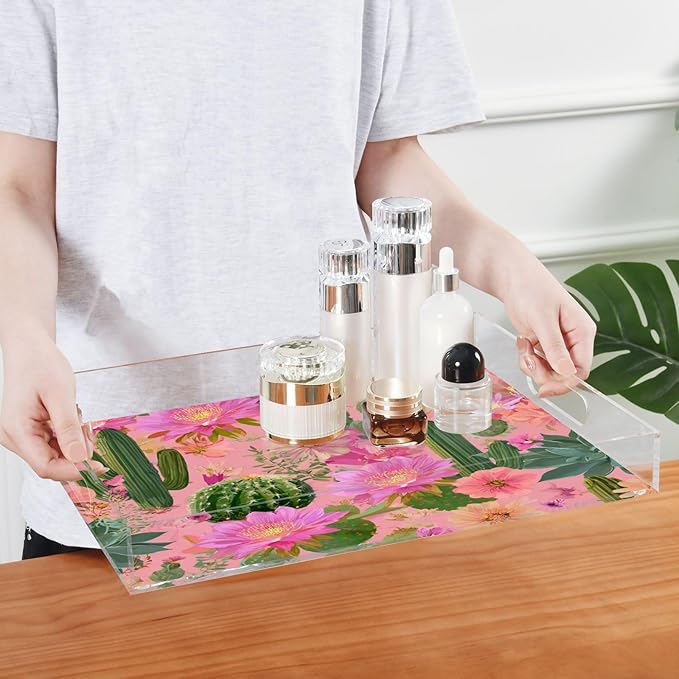 Serving Tray with Handles Clear Acrylic Tray 12x16 Inch Decorative Rectangular Tray Organizer for Ottoman Coffee Table Bathroom Cacti Succulents and Bright Pink Flowers