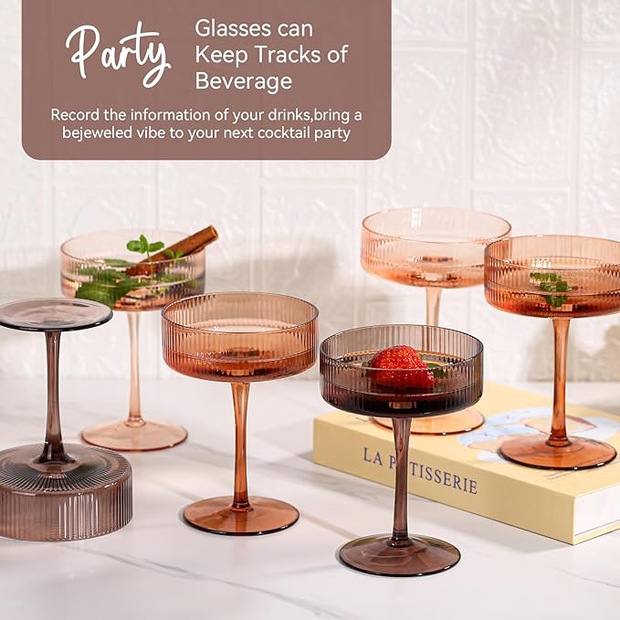 Cyrelwing 9 oz Brown Coupe glasses Set of 6-Hand Blown Venus ribbed vintage coupe glasses-Brown martini glasses for espresso dessert