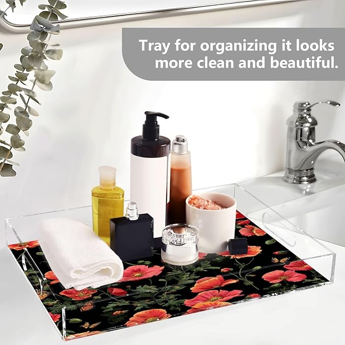 Serving Tray with Handles Clear Acrylic Tray 12x16 Inch Decorative Rectangular Tray Organizer for Ottoman Coffee Table Bathroom Black Poppy Butterfly