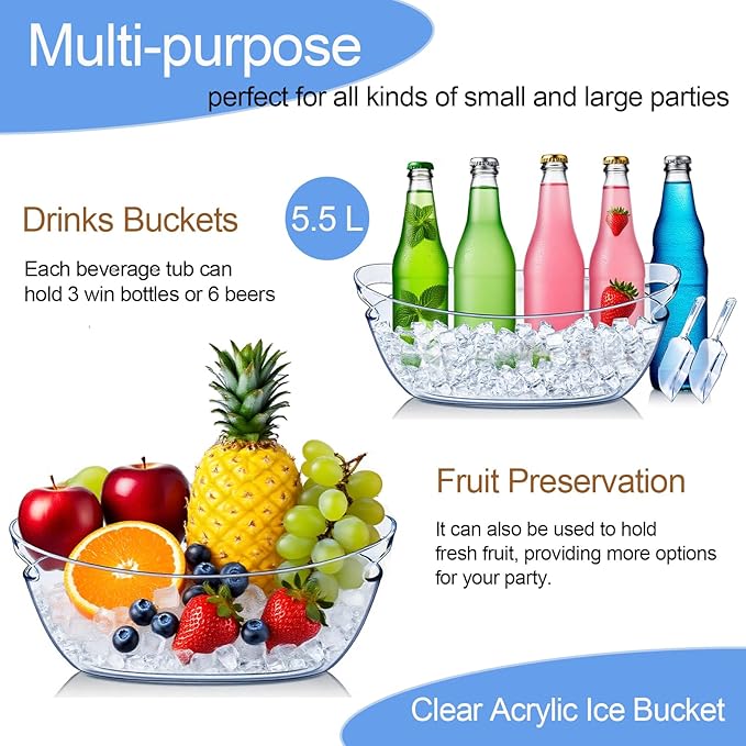 Emycool Ice Bucket, 5.5L Large Ice Buckets for Parties and Freezer, Plastic Beverage Tub for Cocktail Bar with Scoops for Wine, Champagne, Beer (4PCS)