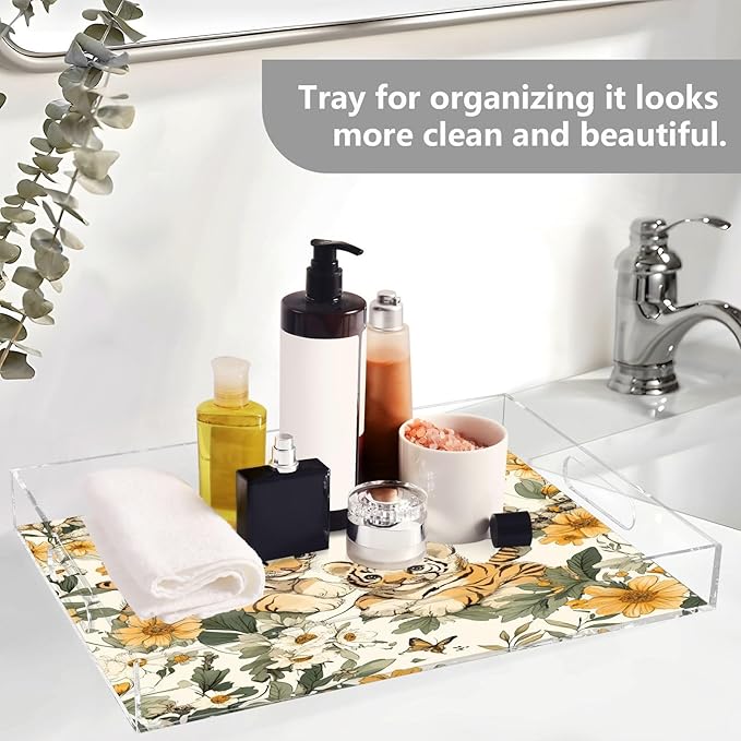 Serving Tray with Handles Clear Acrylic Tray 12x16 Inch Decorative Rectangular Tray Organizer for Ottoman Coffee Table Bathroom Cute Tigers Flowers Beige