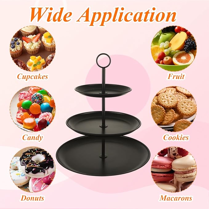 2 Pack Black Cupcake Stands, Large Stainless Steel 3 Tier Serving Tray, Tiered Dessert Stand Cup Cake Tower for Party, Birthday, Wedding