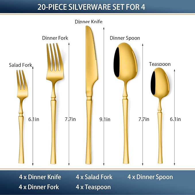 20-Piece Silverware Set Luxury Stainless Steel Small Waist Cutlery Set for 4 Vintage Style Flatware Set for Home Kitchen, Mirror Polished, Dishwasher Safe