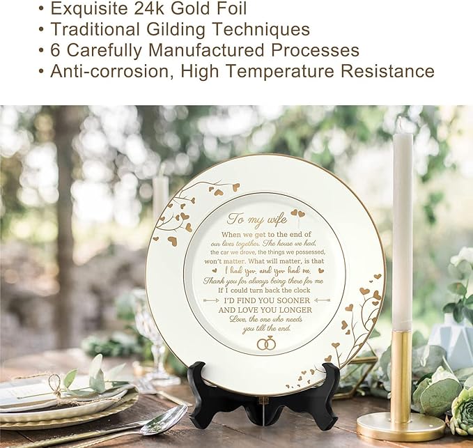 Gifts for Wife - To My Wife Plate with 24k Gold Foil, Happy Birthday Anniversary Wedding Gift for Her from Husband, Ceramic 9"