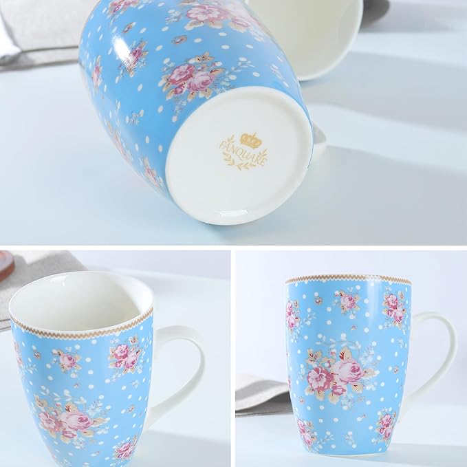 fanquare 10 Ounce Blue Floral Polka Dot Mug Set of 4, Ceramic Coffee/Tea Mugs with Pink Flower Pattern, Cute Drinkware for Home Office, Microwave & Dishwasher Safe