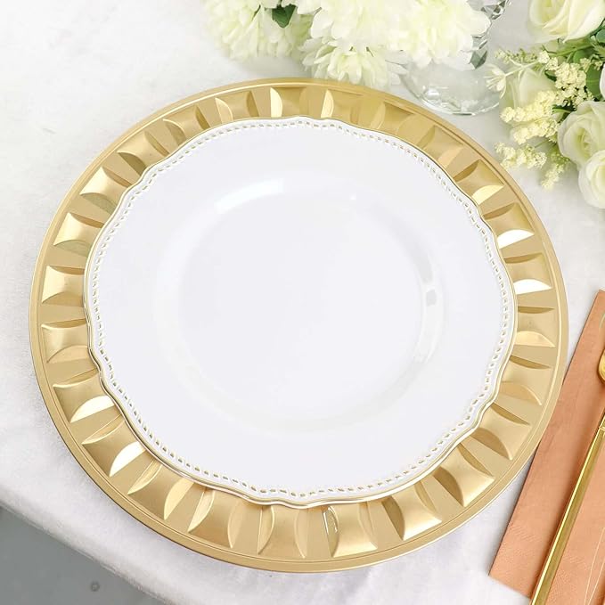 Efavormart 6 Pack | 13" Gold Round Bejeweled Rim Plastic Dinner Serving Trays, Disposable Charger Plates