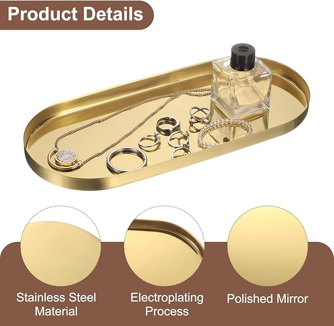 uxcell Rectangle Serving Trays, 5 x 12inch Metal Serving Platter Board Bathroom Tray for Coffee Party Home Decor Cheese Dish Cake Dessert, Gold