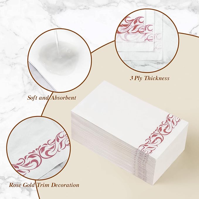 BESTVIP 200 Pack Disposable Paper Napkins,3-Ply Dinner Napkins with Rose Gold Trim for Guests,Bathroom Paper Hand Towels Soft and Absorbent,Perfect for Christmas,Kitchen,Dinner,Party,Wedding or Event