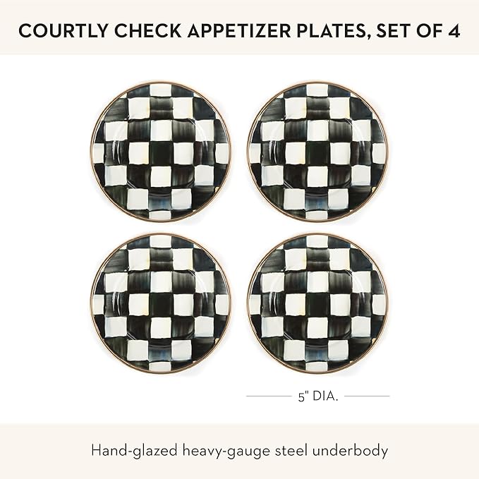 MACKENZIE-CHILDS Set of 4 Enamel Appetizer Plates, Mini Dessert Plates, 5 Inches, Black-and-White Courtly Check