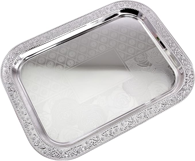 (Pack of 2) 19.1 inch x 14.4 inch Oblong Chrome Plated Serving Tray Stylish Design Floral Engraved Edge Decorative Party Wedding Dessert Buffet Wine Platter Plate Birthday Gift NC-063