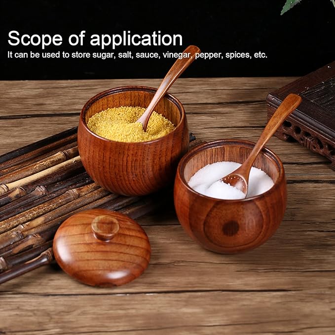 2 Set Condiment Jar, Retro Wooden Condiment Jar Spice Container with Lid and Spoon for Home Restaurant Kitchen, Sugar Bowl with Lid and Spoon, Canisters Pots Seasoning Box Salt Container