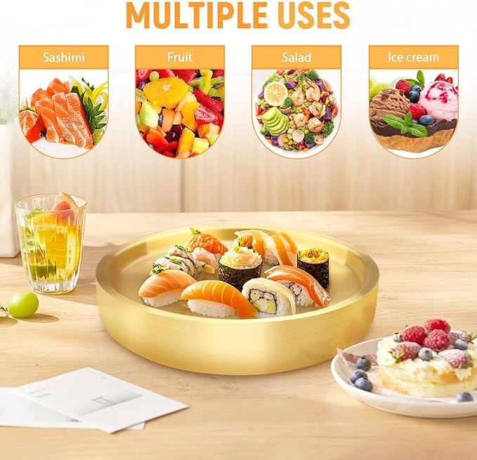 9.4" Stainless Steel Chilled Serving Trays for Parties Containers, Round Gold Ice Tray for Food Buffet Bowls Box Platter Server Cold Ice Vegetable Fruits Snacks Shrimp Cocktail Fridge (Gold)