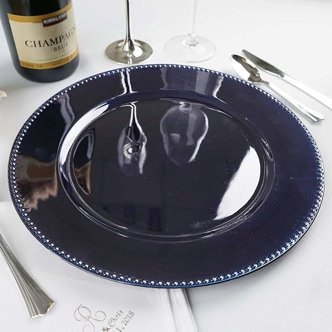 Efavormart 6 pcs 13" Navy Blue Beaded Round Charger Plates for Tabletop Decor Holiday Wedding Catering Event Decoration