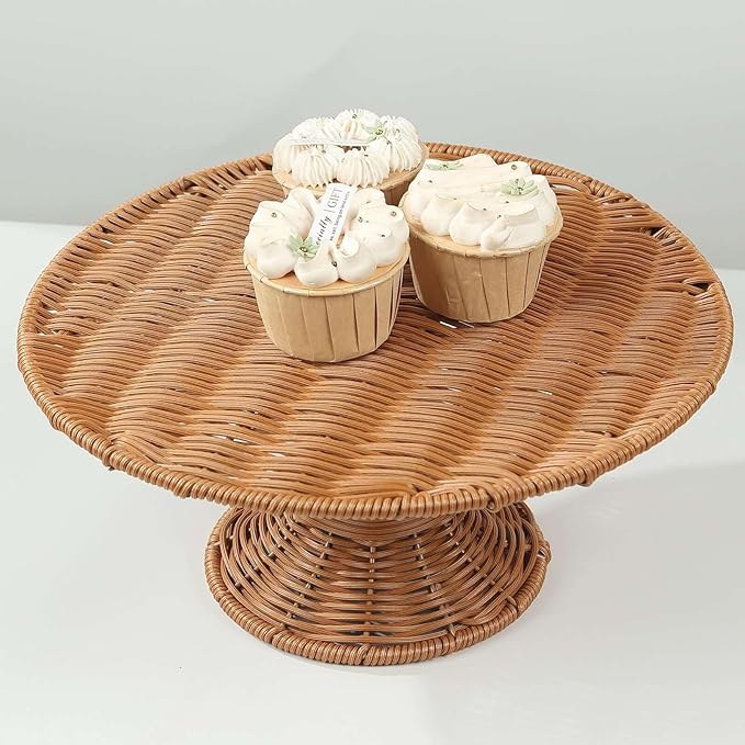 Efavormart Natural Plastic Rattan Wicker Pedestal Cake Stand, Round Rustic Cupcake Holder Dessert Table Display Centerpiece - 12"