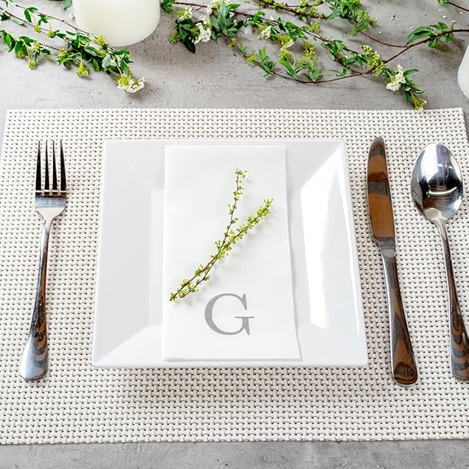 Luxenap 15.8 X 7.9 Inch Linen-Feel Guest Towels, 50 Lettered Hand Towels - Silver Letter 'G', Sans Serif Font, White Paper Dinner Napkins, airlaid, For Restrooms And Tables - Restaurantware
