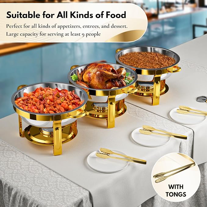 Gold Chafing Dishes for Buffet Set of 6, 5QT Round Chafing Dish Buffet Set, Chafer and Buffet Warmer Set, Stainless Steel Food Warmer for Parties Buffet, Party Food Warmer Buffet Set with Tongs