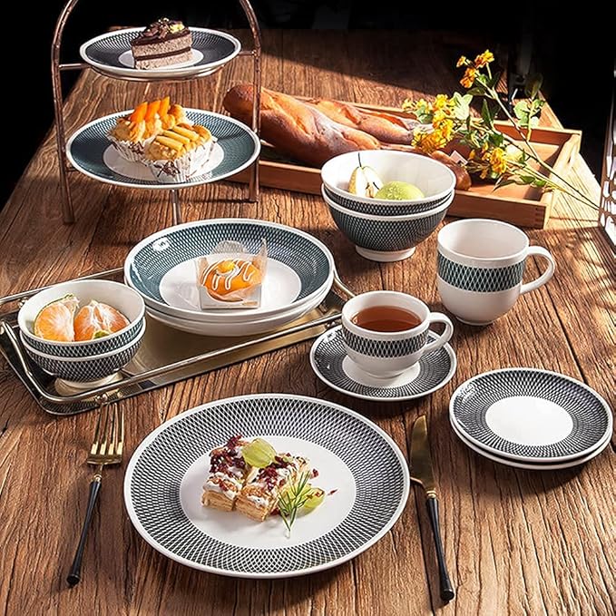 24pcs Dinnerware Sets, Fashional Ceramics Dinner Plates, Tableware Set with Blue and Black Geometric Plaid, Microwave and Dishwasher Safe, Service for 4