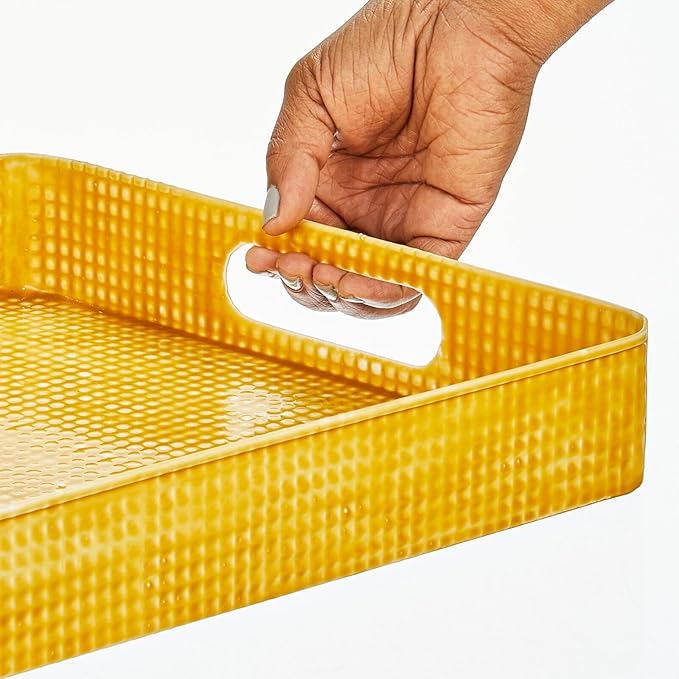 mDesign Nesting Hammered Stainless Steel Tray Set with Handles - Decorative Serving Trays for Entertaining - Holds Food, Tea, or Coffee - Metal Serving Platter for Breakfast Table - Set of 4 - Yellow