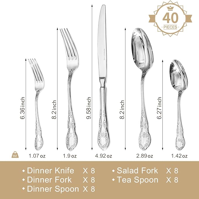 KINGSTONE Vintage Silverware Set, 40-Piece 18/10 Stainless Steel Retro Royal Flatware Cutlery Set for 8 with Carved Thick Handles, Tableware Utensils for Home,Party,Restaurant,Wedding,Dishwasher Safe