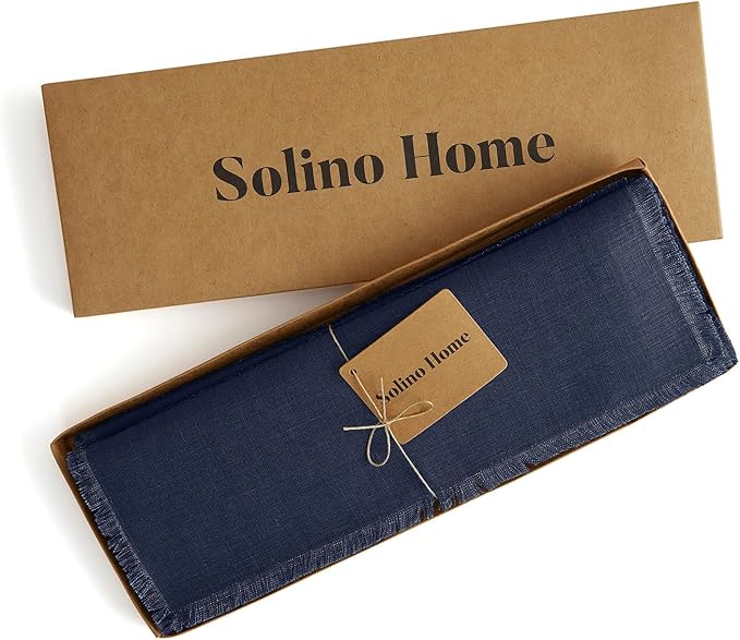 Solino Home Linen Navy Blue Placemats Set of 4-100% Pure Linen Placemats 14 x 19 Inch for Christmas, Holiday, Winter, New Year - Fringe