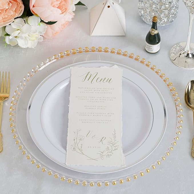 13" Charger Plates - Set of 12 - Gold Round Acrylic Disposable Chargers with Beaded Rim, Ideal for Dinner Party Wedding Bulk Events