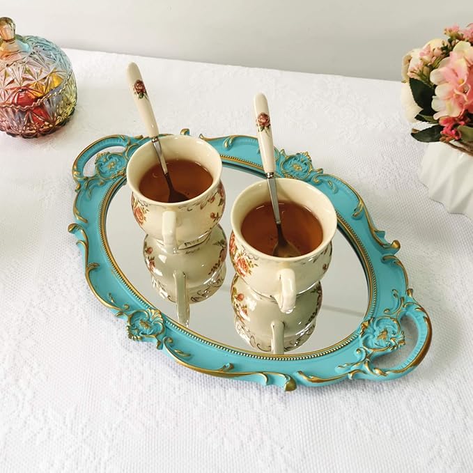 Ham Oval Vintage Wall Mirror Tray, Dresser Organizer Tray, Decorative Perfume Mirror Tray, Serving Tray, 9.8’’ X 14.6’’, Blue