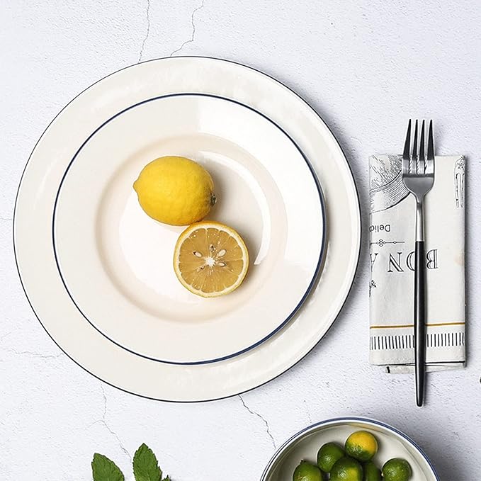 Ceramic Dinnerware Set, 24-Piece Kitchen Dinner Set, Plates, Bowls, Service for 6, Porcelain Round Embossed Dish Set, Tableware Combination Set with Blue Stripe