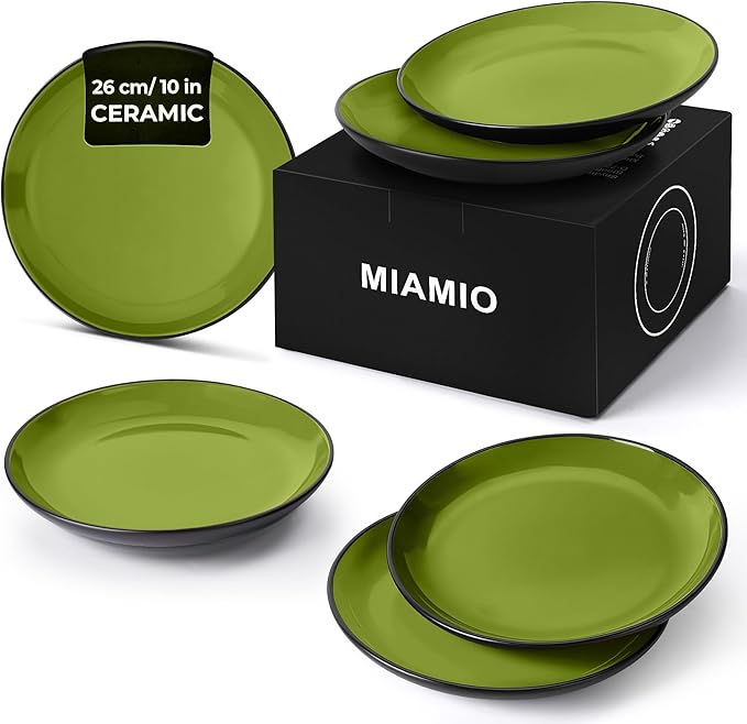 MIAMIO – 6 x Plate/Dinner Plate Set Stoneware Ceramic Tableware Set - Le Papillon Collection (Green, 10 Inch)