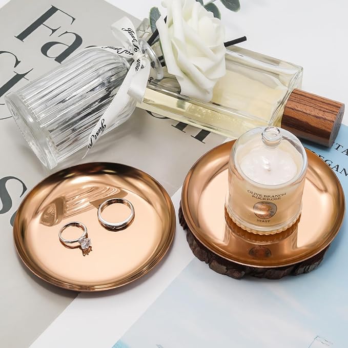 Pine & Linen 2 Pcs Rose Gold Jewelry Dish, 4 Inch Stainless Steel Trinket Tray Decorative Plate, Small Serving Tray for Home Decor/Decor Enthusiasts