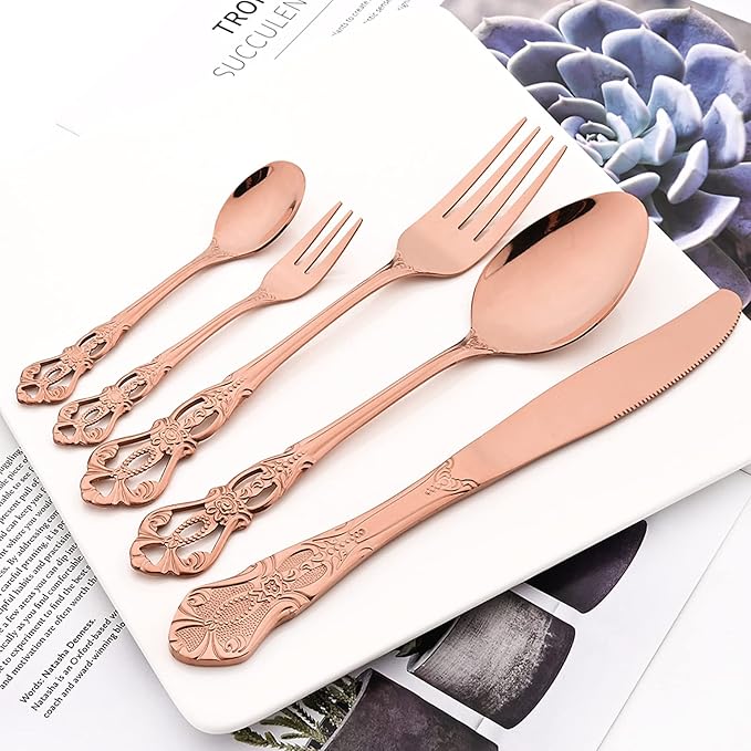 Elegant 32-Piece (4 Set) Retro Flatware Set, Stainless Steel Cutlery Set - Complete Eating Tableware Serving Set, Dishwasher Safe, Shiny Mirror Polish (Rose Gold)