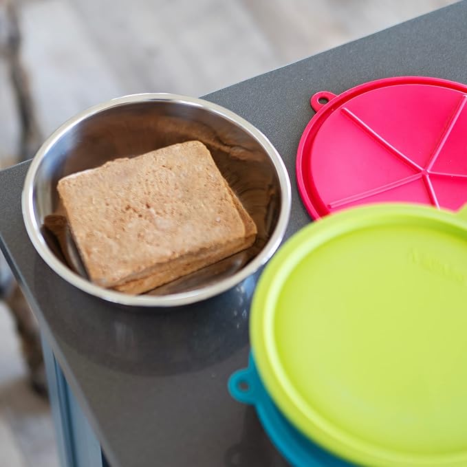 Messy Mutts 6-Piece Set | Three Stainless Steel Bowls and Three Colorful Silicone Lids | Sealable Travel Containers | Portable Food/Water Dishes for Pets | Extra-Large, 6 Cups