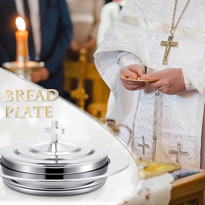 Zhehao 1 Plates Silver Communion Set, Holy Trays with Lid, Stainless Steel Bread Tray Plates for Churches, Holy Communion Tray with Cover, Polished Church Supplies Ware Sets