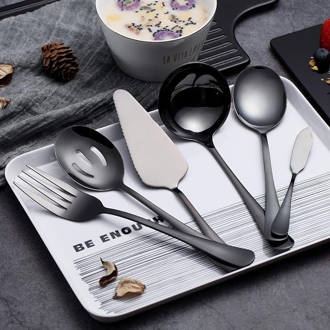 6-Piece Black Serving Flatware Silverware Set,Stainless Steel Serving Utensil Set,Include Cake Server, Slotted Serving Spoon, Serving Spoon, Cold Meat Fork, Butter Knife, Soup Ladle