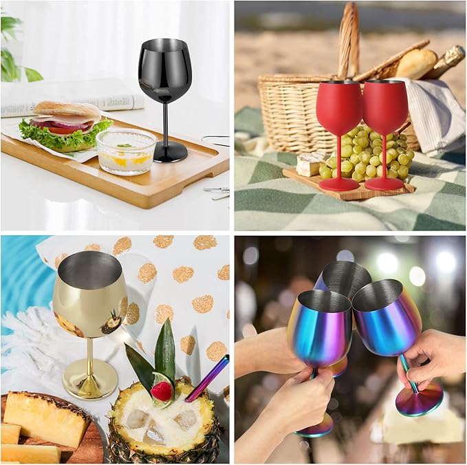 Lifecapido Stainless Steel Wine Glasses Set of 8, 18oz Stainless Steel Wine Goblet, Black Metal Wine Glasses with Cup Brush for Party, Office, Wedding, Anniversary, Great for Red, White Wine
