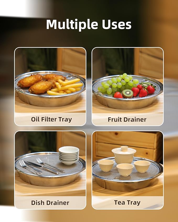 Stainless Steel Tea Tray, 11×11×2 inch, Water Storage, Chinese Kungfu Tea Serving Tray, Multipurpose Oil Strainer and Drain Basket, for Coffee Table, Kitchen, Living Room