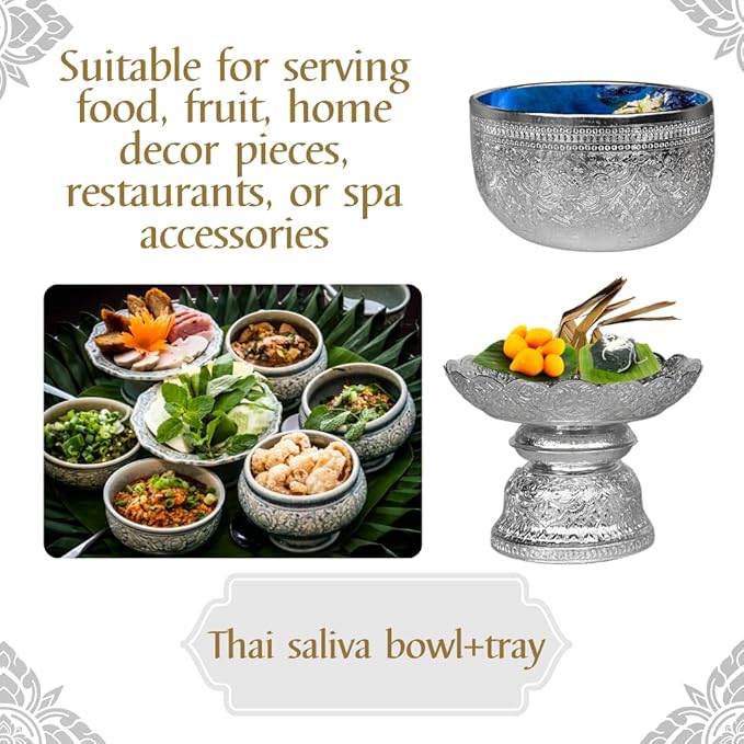 Thai Buddhism Bowl & Tray with Embossed Patterns, Silver Aluminum, Vintage Collection (16 CM)