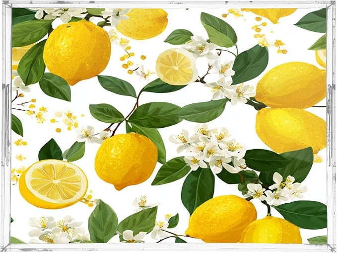 Serving Tray with Handles Clear Acrylic Tray 12x16 Inch Decorative Rectangular Tray Organizer for Ottoman Coffee Table Bathroom Yellow Lemon Flowers
