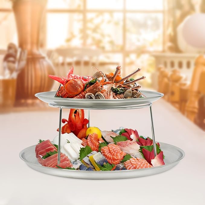 PERFERATE 2 Tier Seafood Tower Set with 8in & 10in Plates Oyster Plate, Seafood Serving Stand Silver Round Tray with Bracket Oyster Platter for Shrimp Crab Veggie Serving